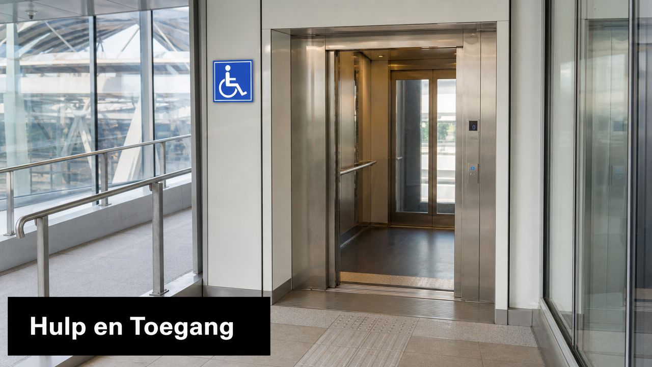 Een toegankelijke lift voor minder validen in het treinstation van Arnhem met een rolstoelicoon.