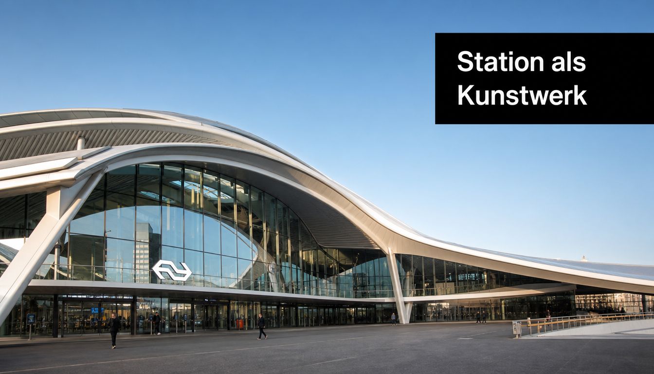 Een indrukwekkend modern treinstation in Arnhem met een golvend dak en een grote glazen gevel.