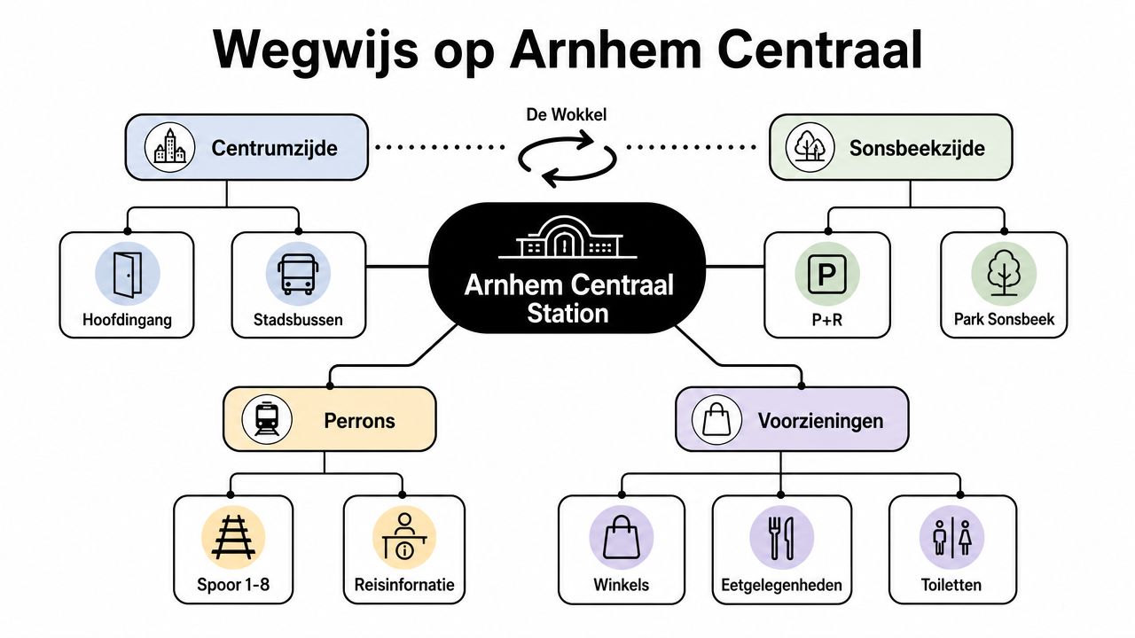 Een overzichtskaart van de wegwijzer op station Arnhem Centraal met verschillende zones en faciliteiten duidelijk weergegeven.