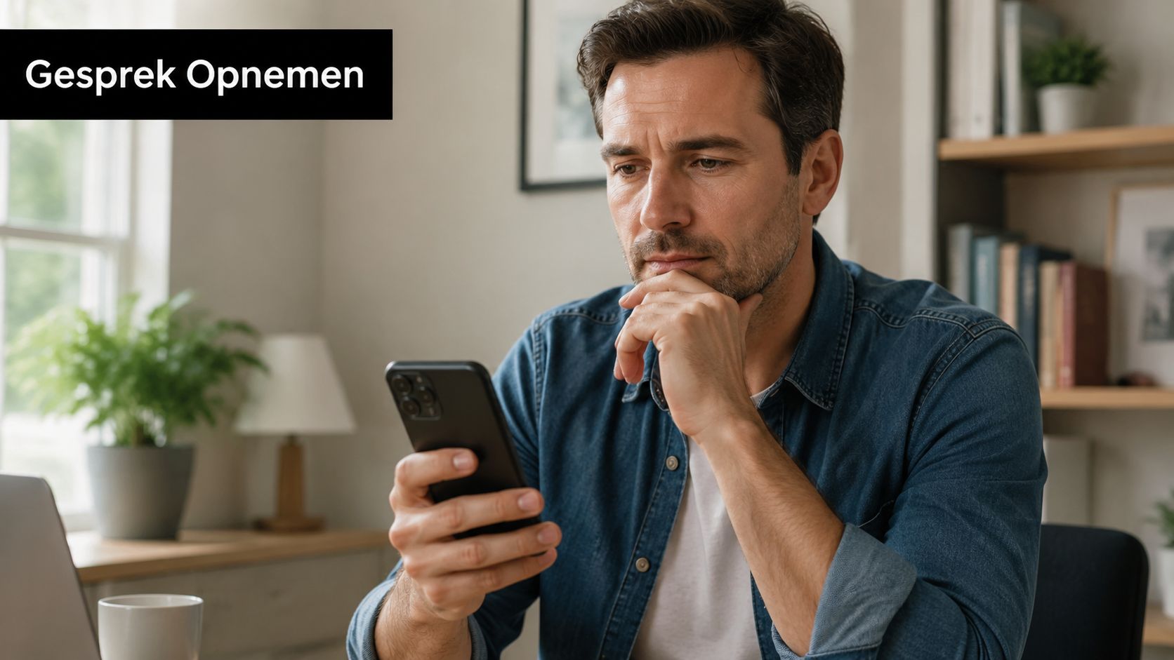 Een man kijkt bezorgd naar zijn smartphone terwijl hij overweegt of hij een telefoongesprek mag opnemen.